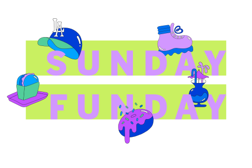 sunday funday infobox logo with spot illustrations in blue, yellow, and green
