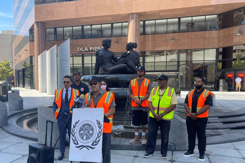 Abdur-Rahim Hameed, founder of the National Black Contractors Association, speaks about the need for more opportunities for construction apprentices who are Black during a press conference Wednesday in front of the San Diego Association of Governments building.