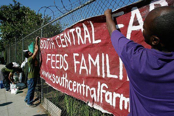 In 2006, supporters Charlie Lopez, 15, left, and Ahmad-Jamal Butler, 29, right, hang a banner in support of saving the South Central Farm.