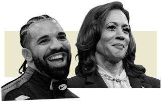 side-by-side cutout photos of Drake and Kamala Harris