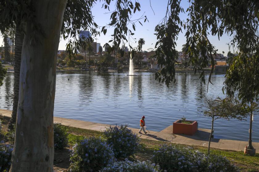 Los Angeles, CA - October 16: South side of MacArthur Park is closed to public for an extensive clean-up and major renovation. Clean-up crew busy in collecting trash and sanitizing the MacArthur Park on Saturday, Oct. 16, 2021 in Los Angeles, CA. (Irfan Khan / Los Angeles Times)