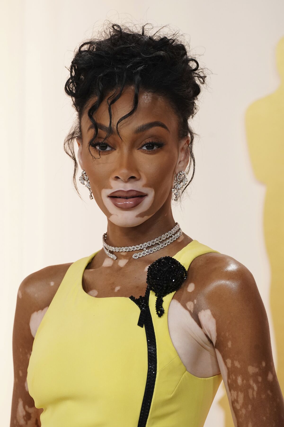Winnie Harlow también llega para posar en la alfombra de los Oscar.