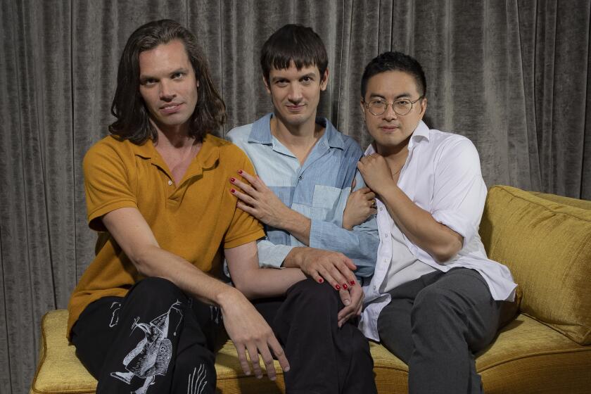 Aaron Jackson, from left, Josh Sharp and Bowen Yang pose for a portrait to promote the film "Dicks: The Musical" during the Toronto International Film Festival, Saturday, Sept. 9, 2023, in Toronto. (Photo by Joel C Ryan/Invision/AP)