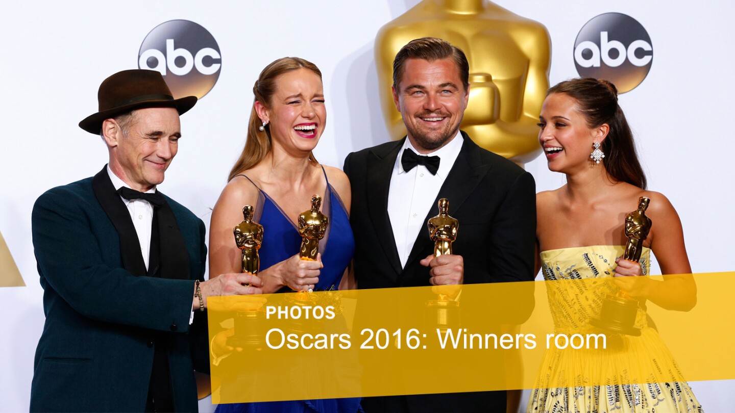 Mark Rylance, left, Brie Larson, Leonardo DiCaprio and Alicia Vikander in the winners room.