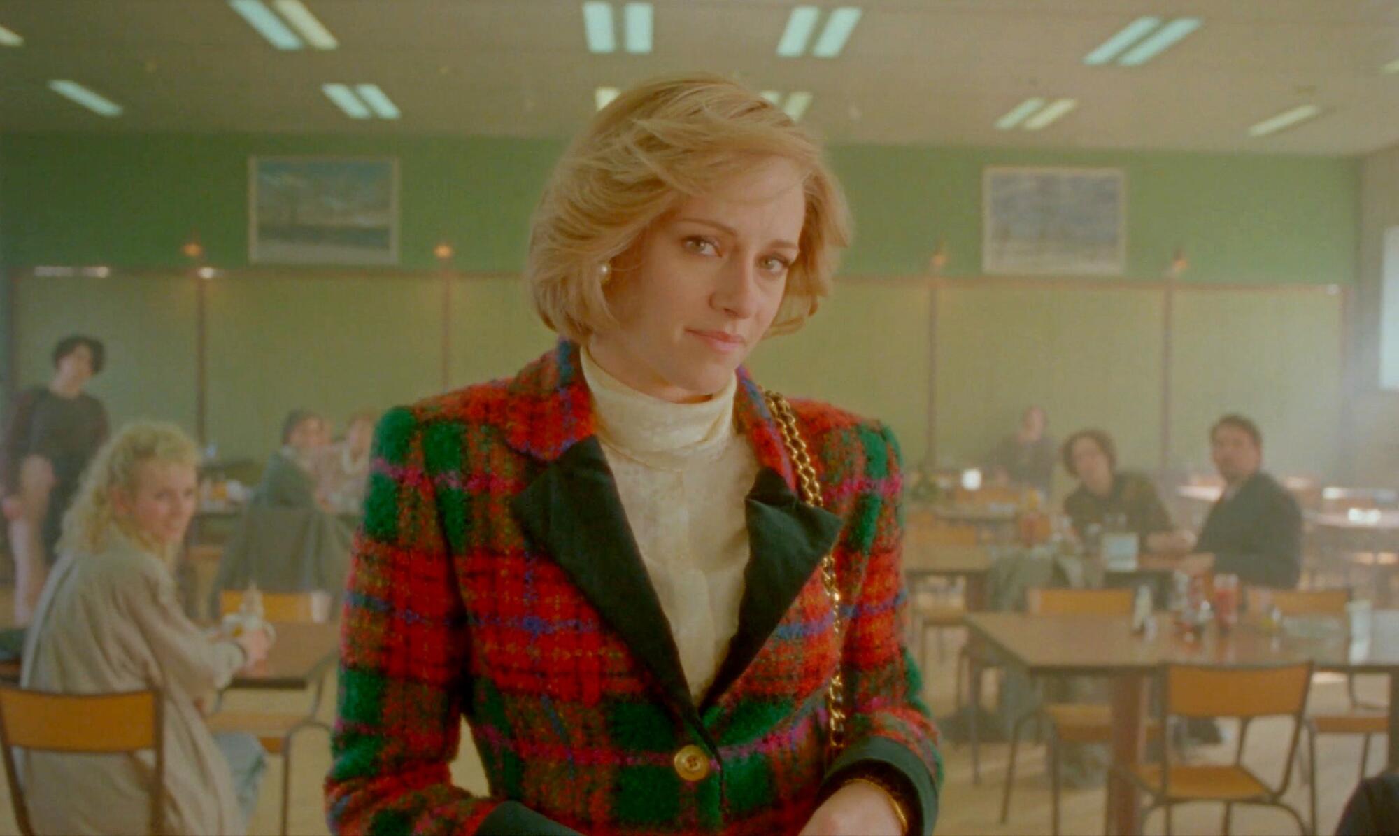 Kristen Stewart sports a plaid jacket as Princess Diana in "Spencer."