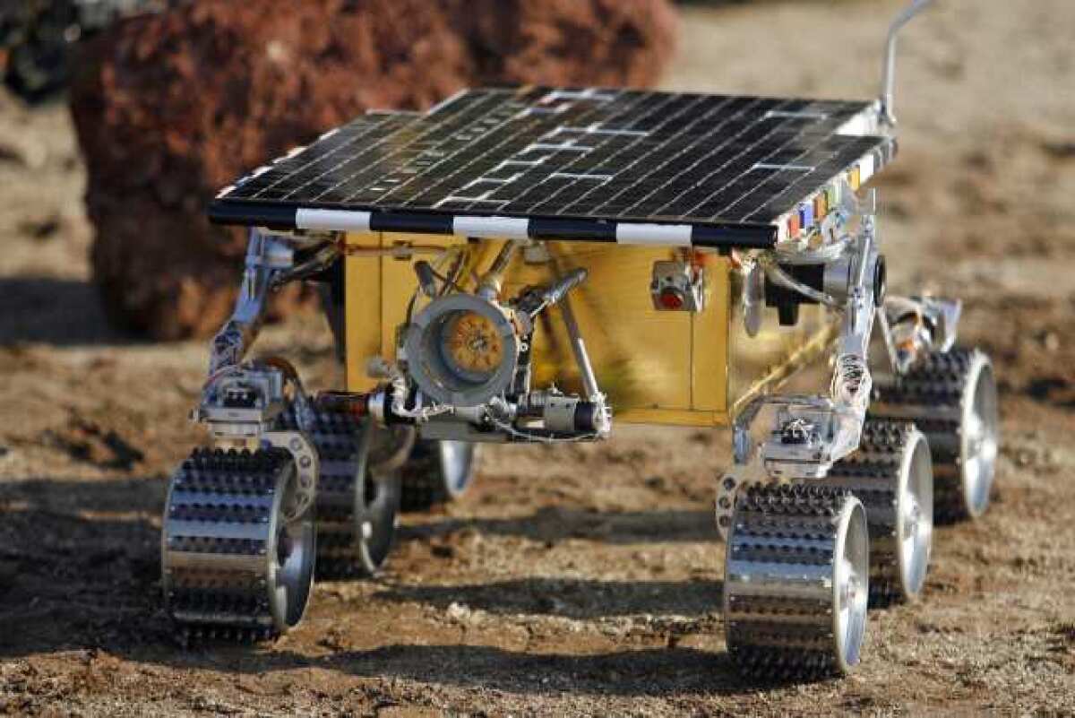 A test double for the Mars rover Sojourner at Jet Propulsion Laboratory's Mars Yard.