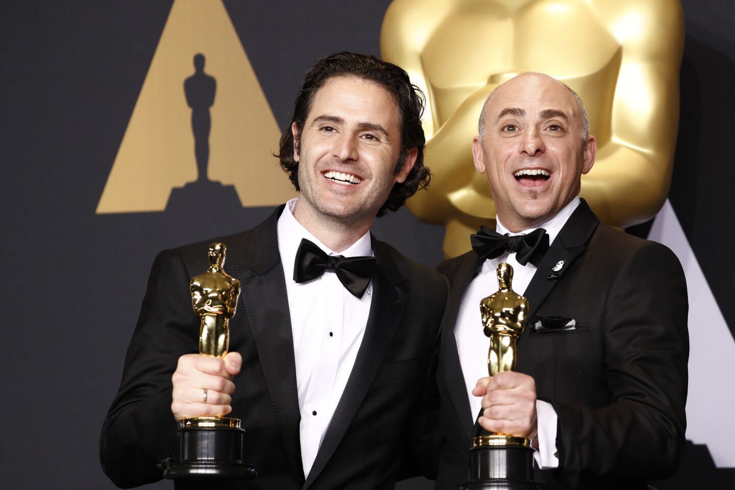 Alan Barillaro, left, and Marc Sondheimer won the Oscar for animated short film for "Piper."