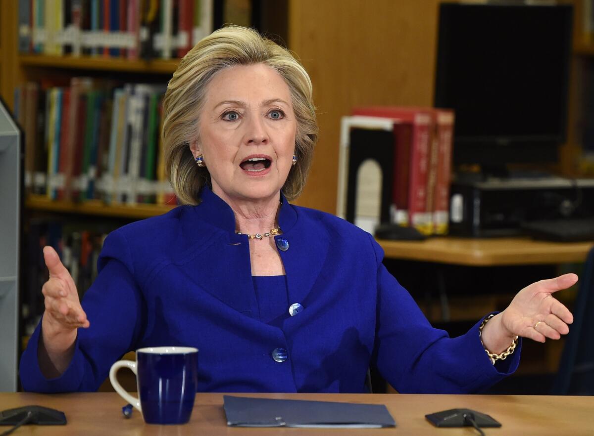 Hillary Rodham Clinton speaks at a Las Vegas high school May 5. She traveled next to California, where some of her fundraising efforts appear to undercut her message pushing campaign finance reform.