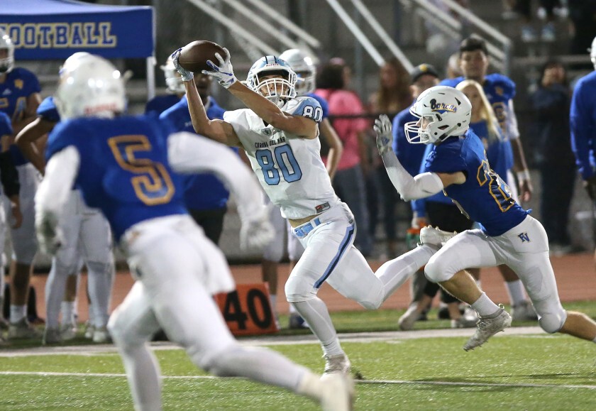 Corona del Mar tight end Scott Giuliano makes a 19-yard catch in a game against Fountain Valley on Oct. 17, 2019.
