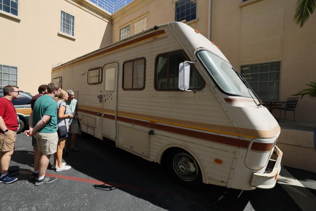 A mobile home with fake bullet holes. 