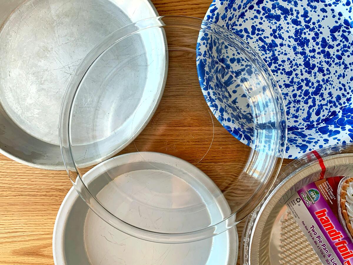 Glass, metal and foil pie pans 