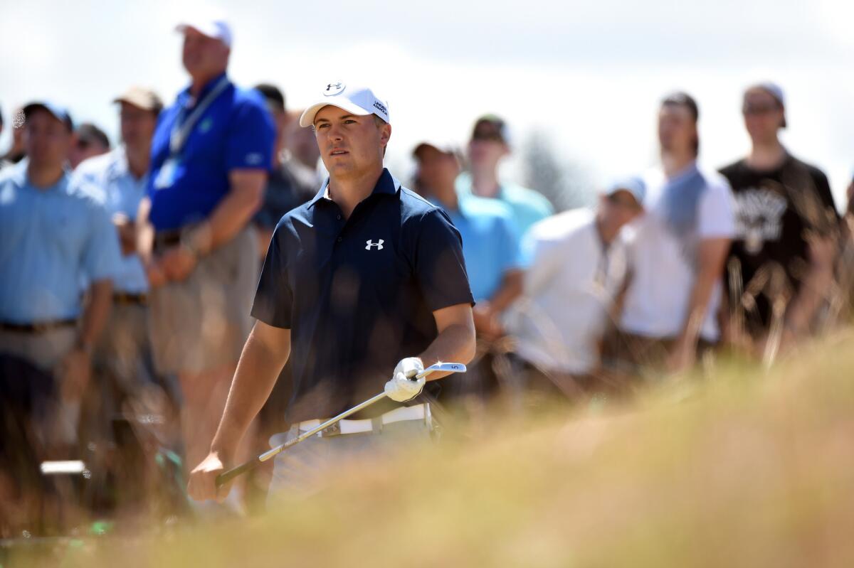 Jordan Spieth watches his tee shot on the third hole of the second round of the U.S. Open on Friday at Chambers Bay in University Place, Wash.