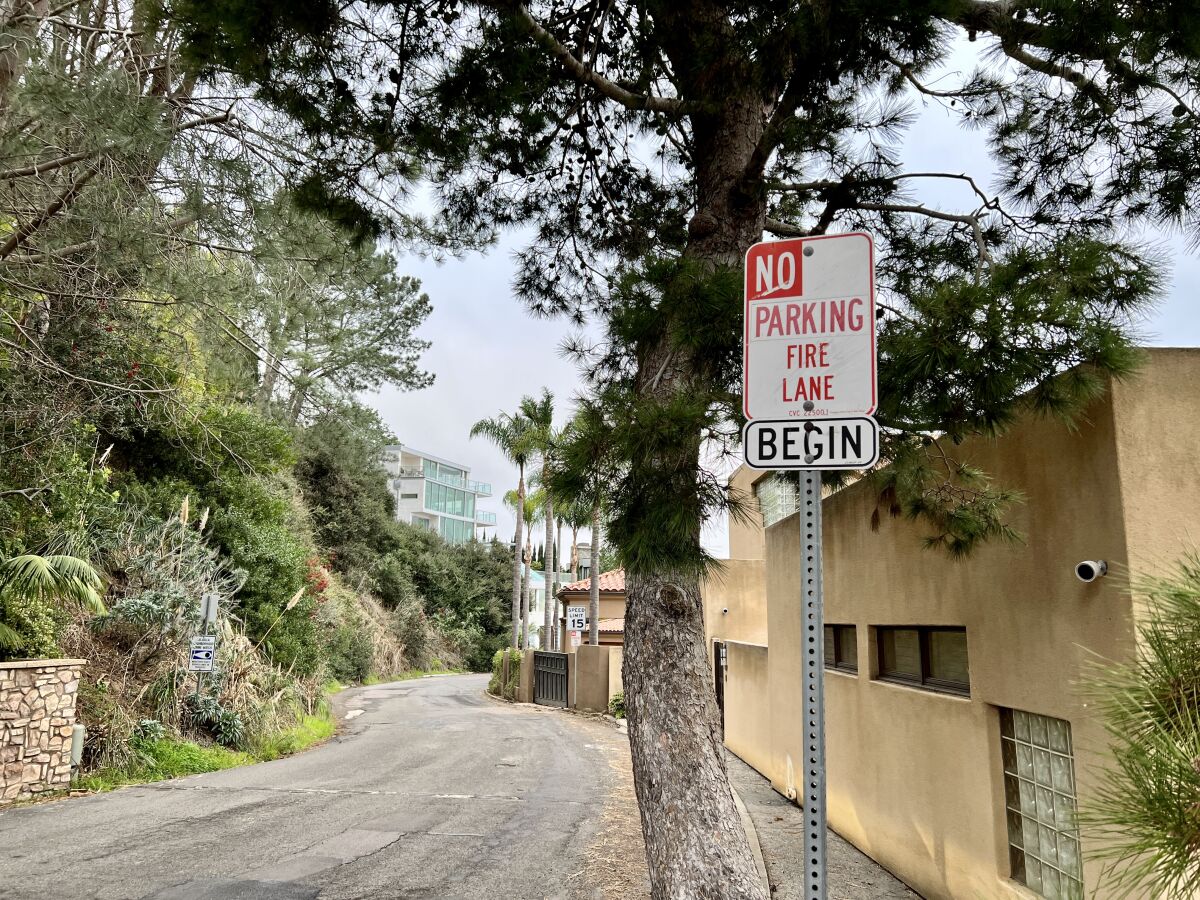 Parking and stopping are prohibited on much of Hillside Drive in La Jolla.