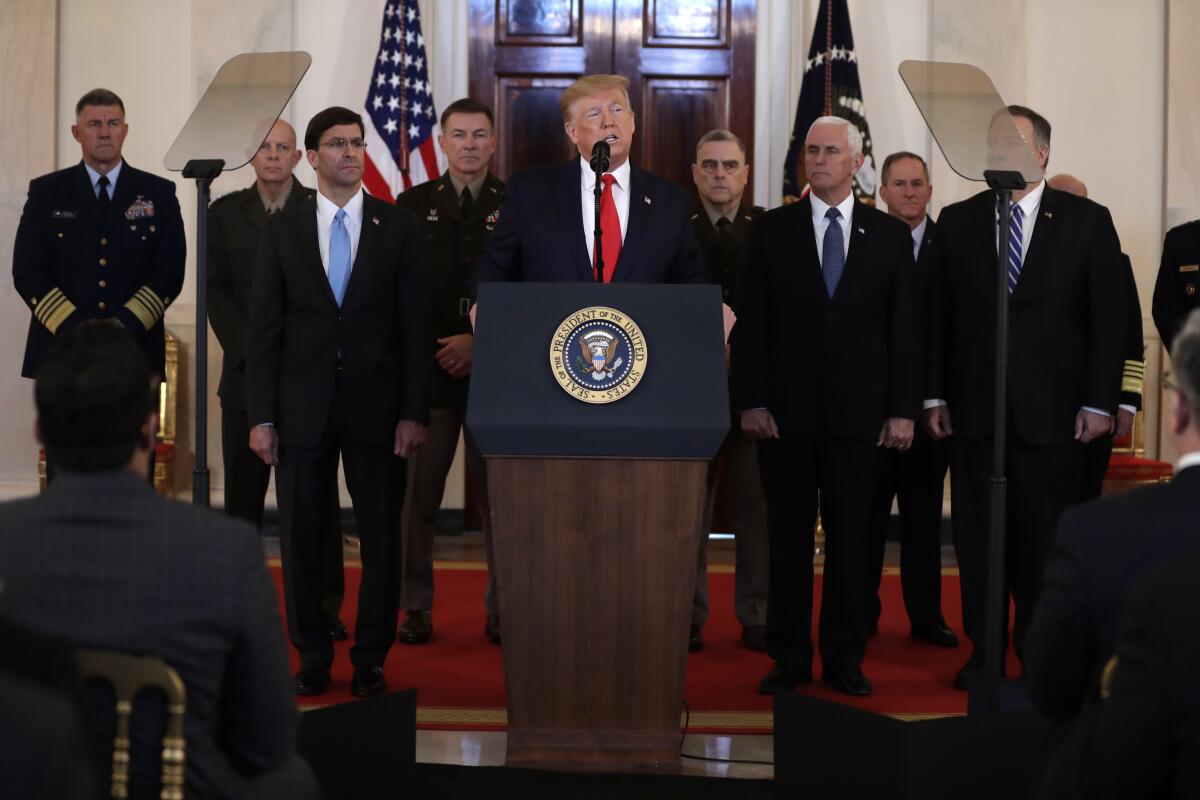 President Trump addresses the nation from the White House on last week's ballistic missile strike that Iran launched against Iraqi air bases housing U.S. troops.