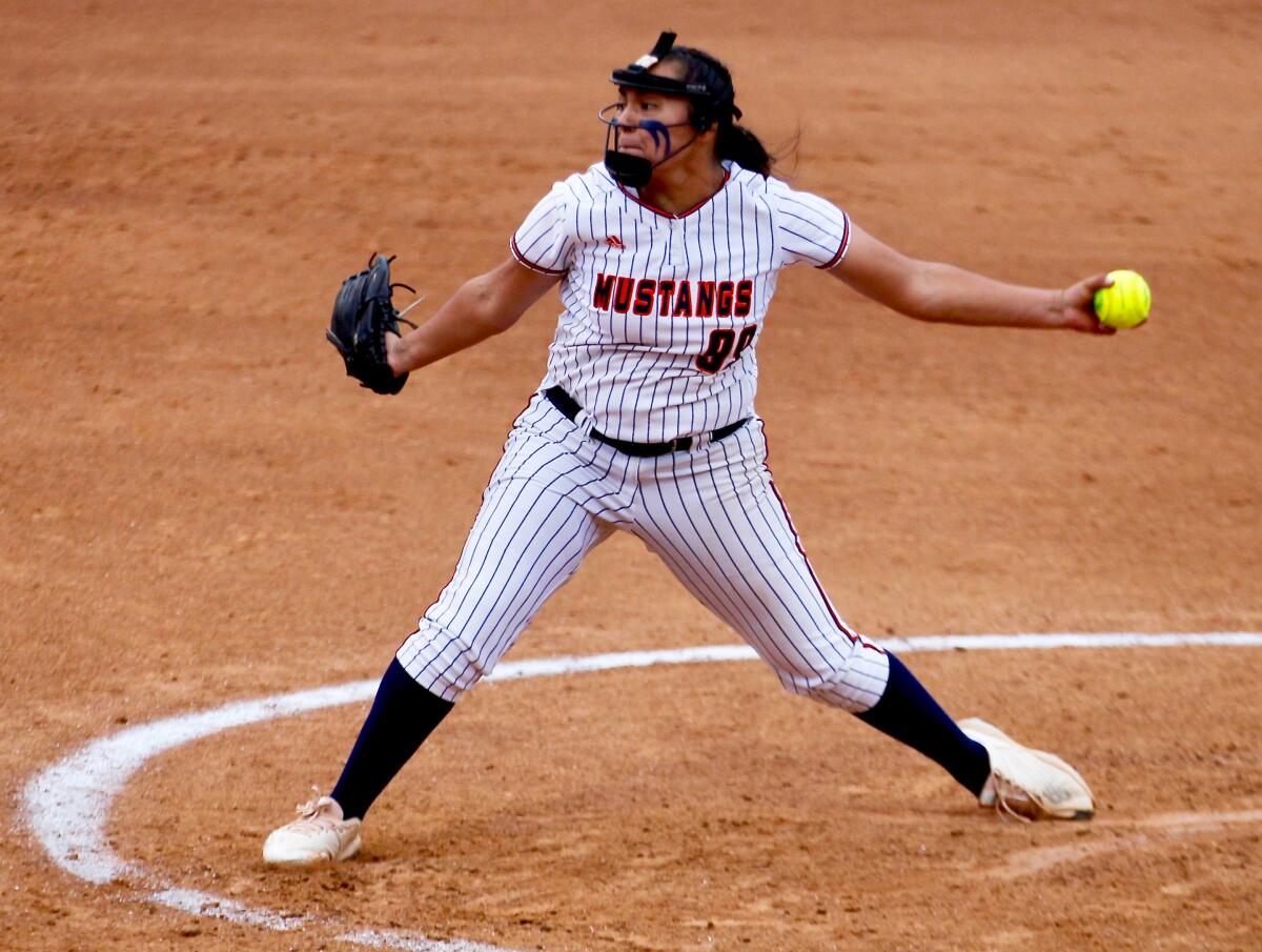 Roosevelt's Priscilla Llamas delivers a pitch against Los Alamitos in the Southern Section Division 1 softball final.