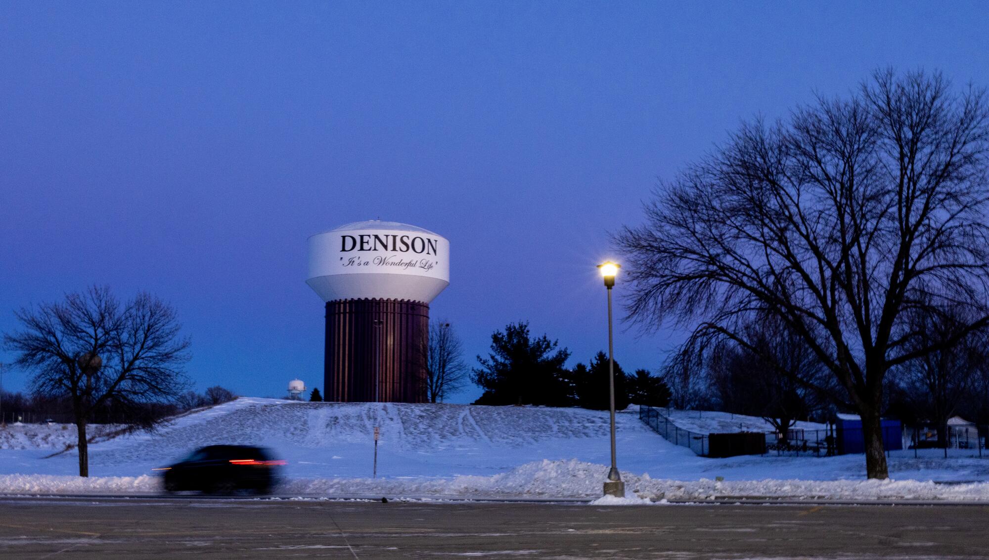 A water tower marks the town of Denison, population about 8,000, in western Iowa.