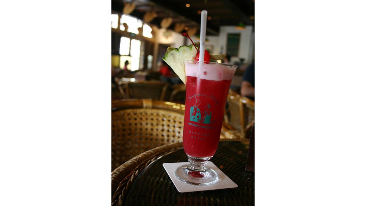 A Singapore Sling cocktail is shown at the Long Bar at Raffles Hotel in Singapore.
