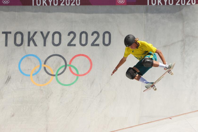 TOKYO, JAPAN - AUGUST 05: Keegan Palmer of Team Australia competes during the Men's Skateboarding Park Preliminary Heat 4 on day thirteen of the Tokyo 2020 Olympic Games at Ariake Urban Sports Park on August 05, 2021 in Tokyo, Japan. (Photo by Ezra Shaw/Getty Images)