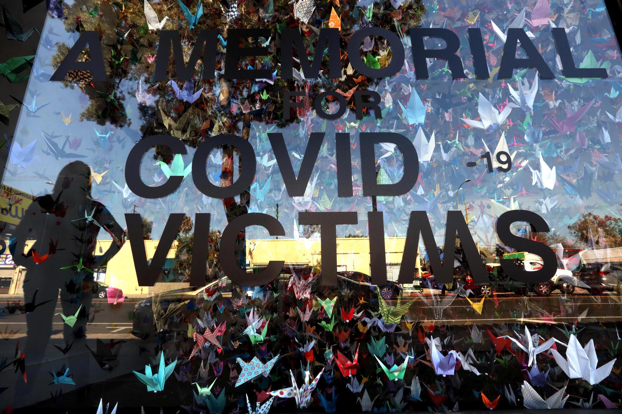 A woman is reflected in a window that has the words "COVID-19 victims" and paper cranes.