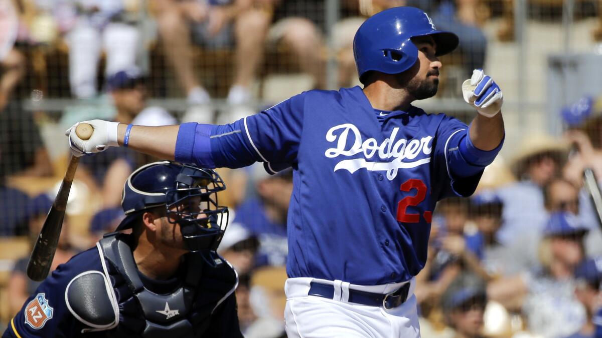 Dodgers first baseman Adrian Gonzalez, shown during a game earlier this spring, homered against the Giants on Friday.