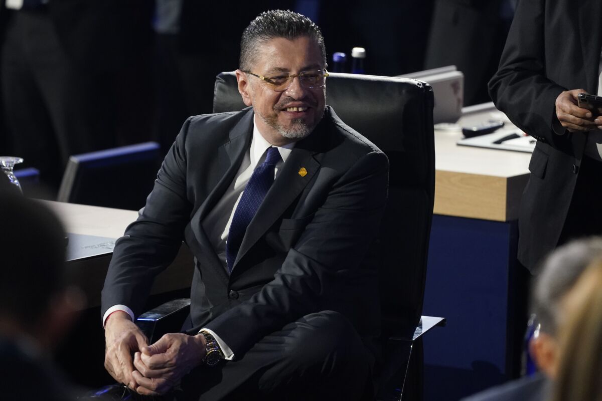 FILE - Costa Rica President Rodrigo Chaves Robles smiles during the opening plenary session at the Summit of the Americas June 9, 2022, in Los Angeles. Costa Rica has been reeling from unprecedented ransomware attacks disrupting everyday life in the Central American nation for the last two months. (AP Photo/Marcio Jose Sanchez, File)