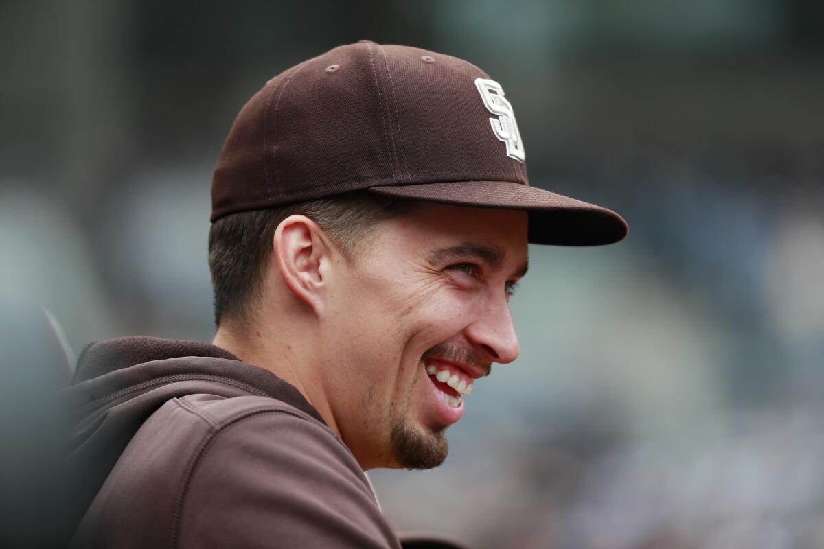 Padres pitcher Blake Snell looks on during a 2021 game against the Giants.