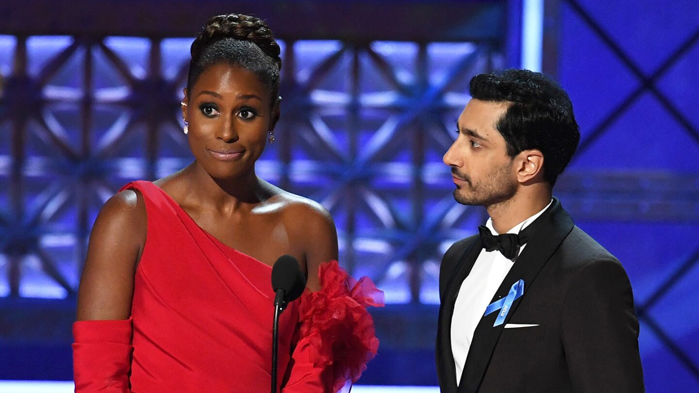 Actors Issa Rae of "Insecure" and Riz Ahmed of "The Night Of" speak onstage.