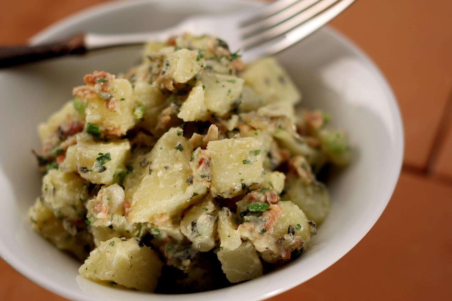 This bacon potato salad is richly flavored with deep notes of bacon and smoked salt.