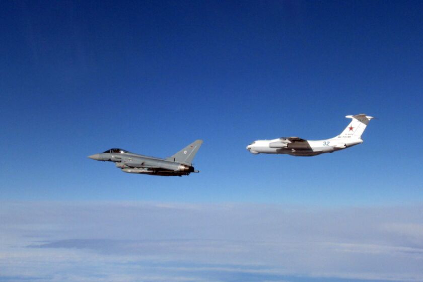 In this handout photo provided by the Ministry of Defence, British and German air force fighter jets are scrambled to intercept a Russian aircraft flying close to Estonian airspace, Tuesday, March 14, 2023. Britain's defense ministry said the Typhoon jets responded Tuesday after a Russian air-to-air refueling aircraft failed to communicate with Estonian air traffic control. The Russian plane didn't enter the airspace of Estonia, a NATO member. (Ministry of Defence via AP)