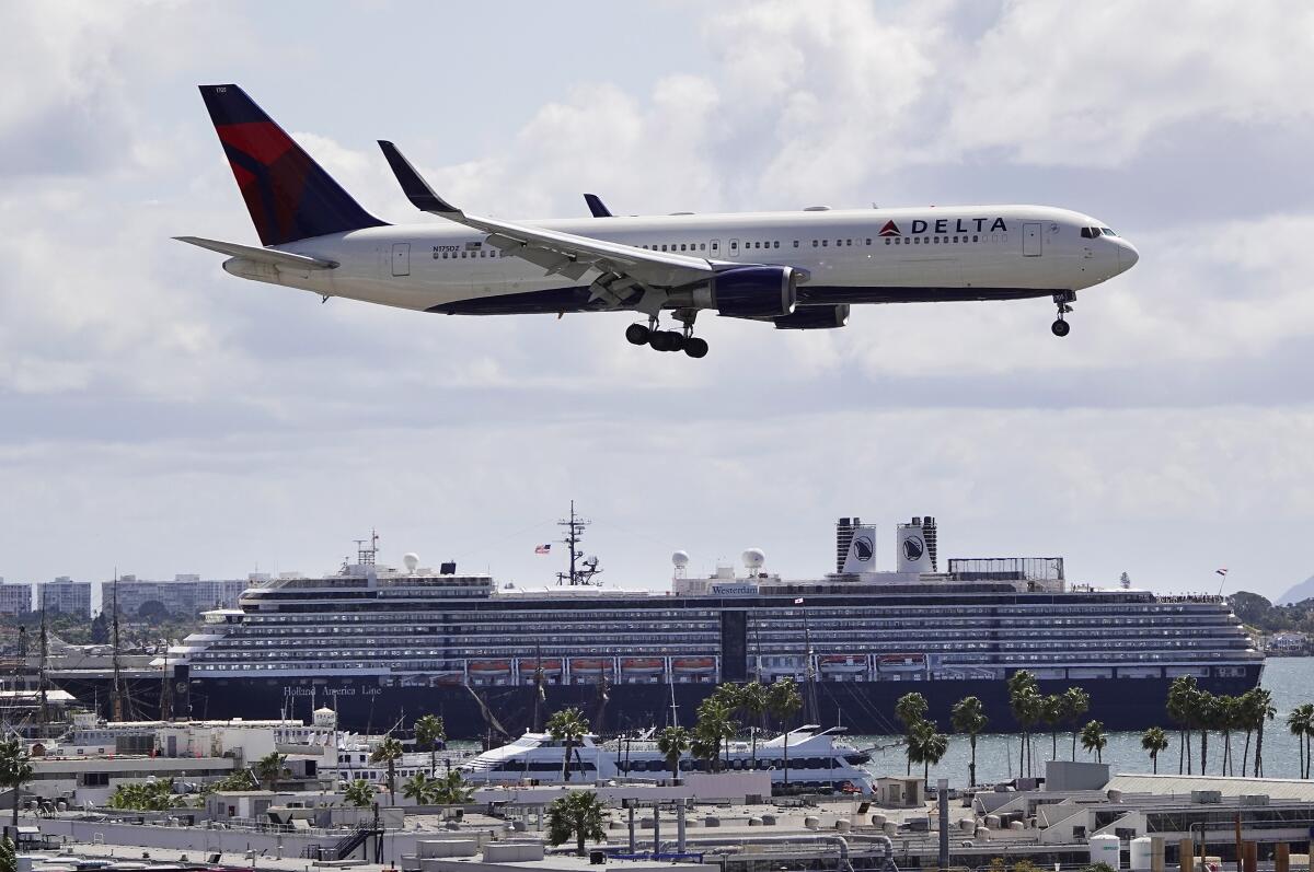 A Delta Airlines jet approaches San Diego International Airport.