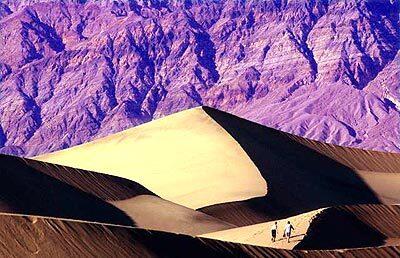 Late afternoon light tints the mountains as two hikers trek across Stovepipe Wells sand dunes in Death Valley.
