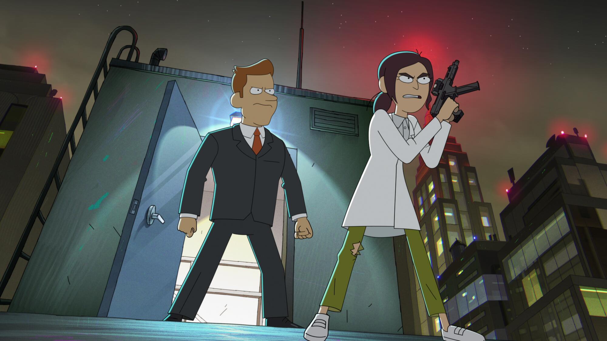 Animation of a man in a doorway behind a woman holding a gun