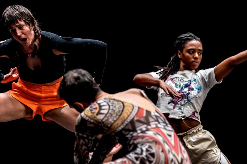 Dancers performing during a dress rehearsal for Moriah Evans's Remains Persist, at Performance Space New York, on Friday, December 9, 2022.--This image from left: Sarah Beth Percival, Joao dos Santos Martins and Kris Lee.