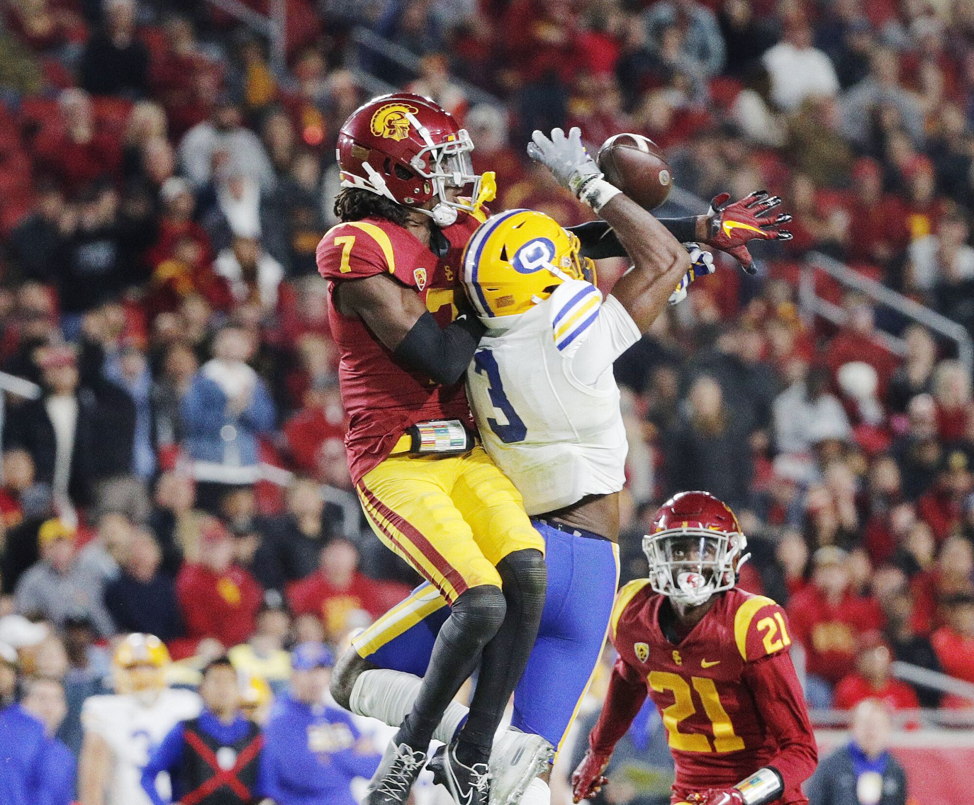 USC defensive back Calen Bullock breaks up a pass intended for California wide receiver Jeremiah Hunter in the second half.