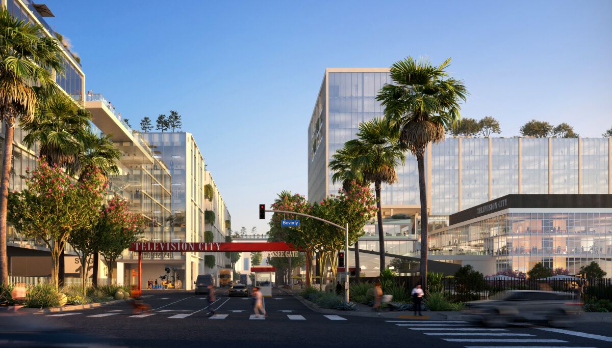 Buildings and palm trees are shown along a Los Angeles street at Television City, the studio slated for an overhaul.
