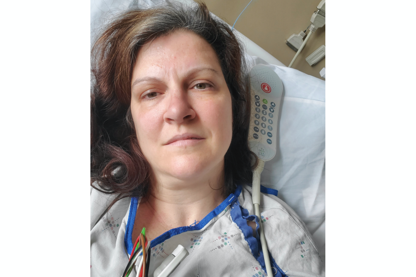 Darlene Gildersleeve in a hospital bed in Manchester, N.H. She thought she had recovered from COVID-19, but then she had two strokes.