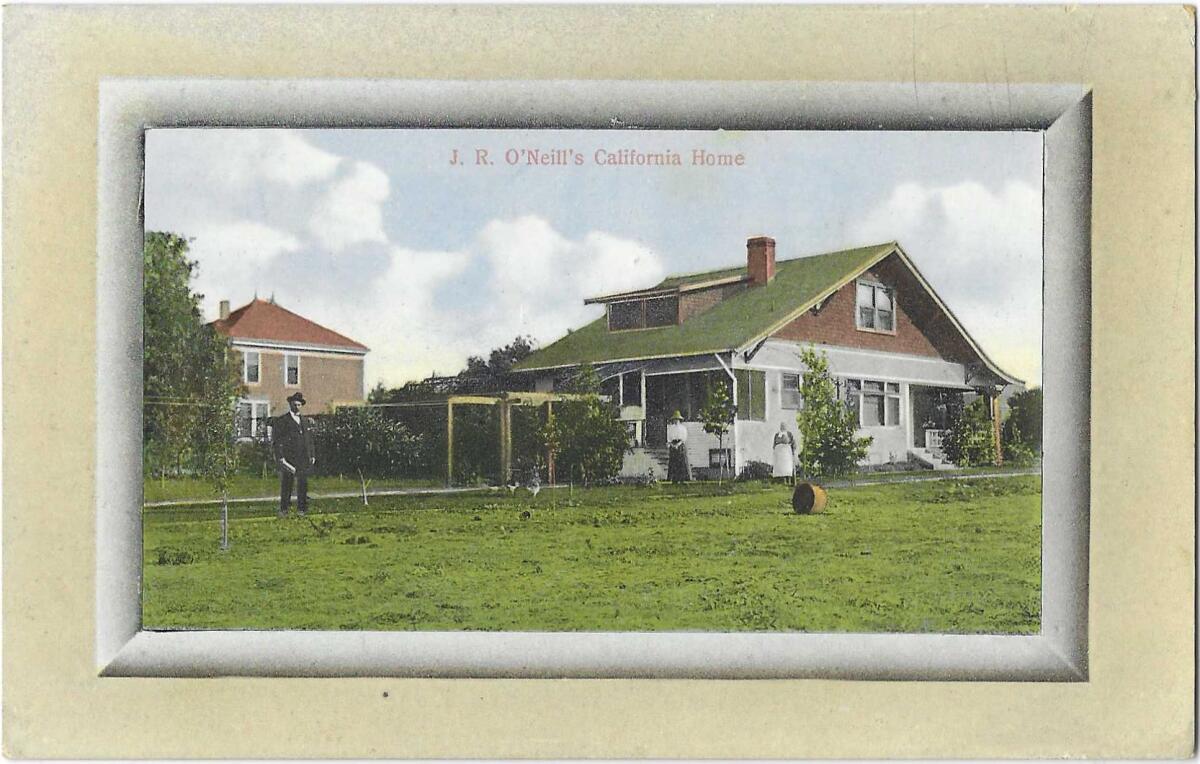 A man and two women stand in front of a home bordered by a lawn. 