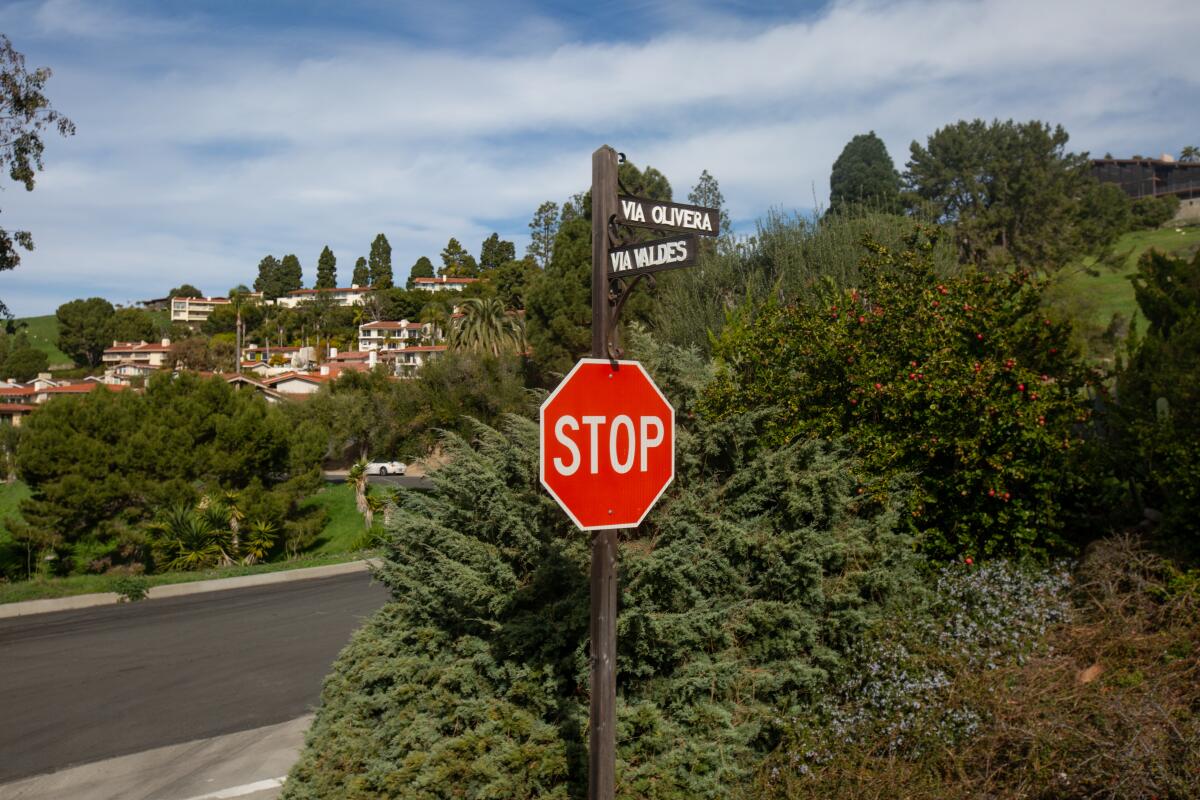 Via Olivera sign on the way down from the Rancho Palos Verdes stairs walk.