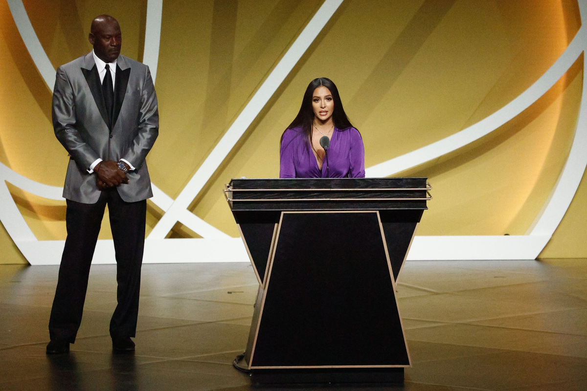 Vanessa Bryant speaks on behalf of Basketball Hall of Fame inductee Kobe Bryant alongside presenter Michael Jordan.