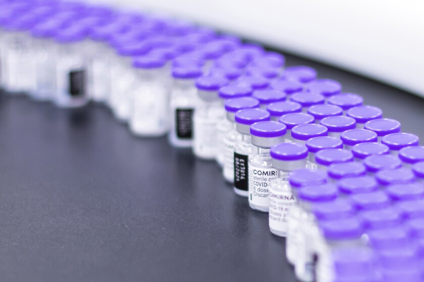 Vials of the Pfizer-BioNTech COVID-19 vaccine are prepared for packaging at the company's facility in Puurs, Belgium. 