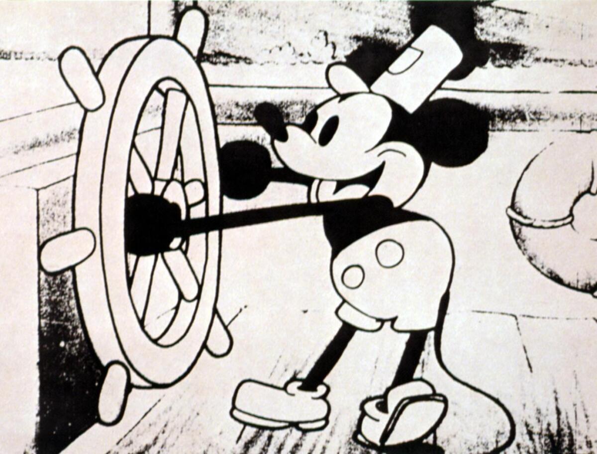 A black-and-white cartoon mouse turns the steering wheel on a boat.