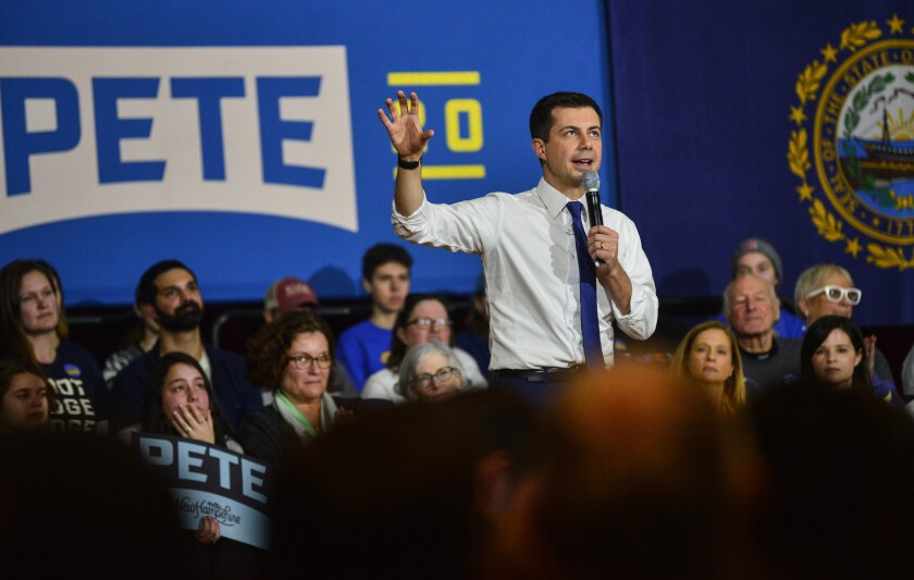 Democratic presidential candidate Pete Buttigieg holds a town hall meeting in Keene, N.H., on Feb. 8.