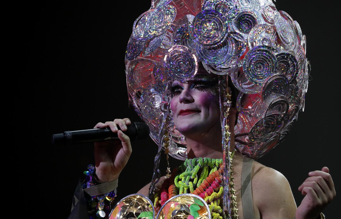 Taylor Mac performs "A 24-Decade History of Popular Music" at the Theatre at Ace Hotel in Los Angeles. The costumes - a new one for each decade - are by a designer known as Machine Dazzle. This look made its appearance in the final quarter of the the cycle, on March 24.