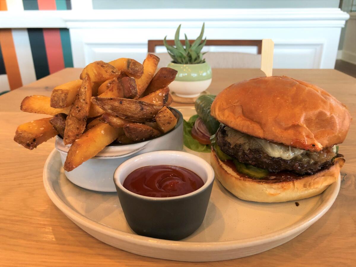 The $26 burger plate at Ember & Rye restaurant in Carlsbad