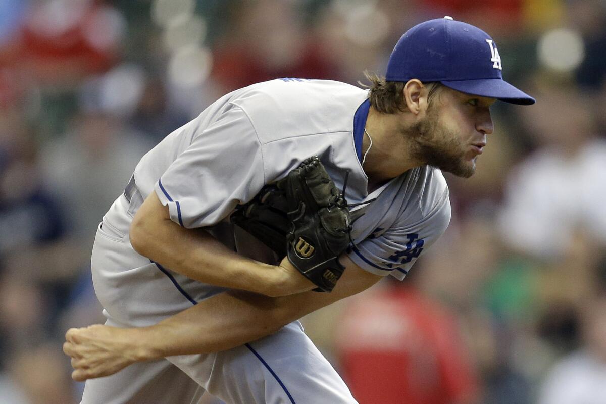 Clayton Kershaw pitches during the first inning of a game Monday against the Milwaukee Brewers at Miller Park.