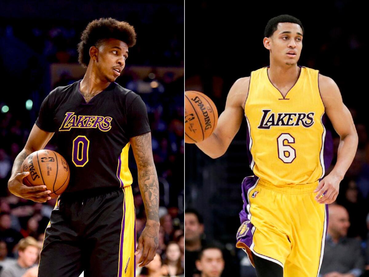 Nick Young has denied he and teammate Jordan Clarkson, right, harassed two women in a car on March 20.