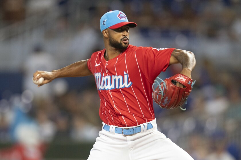 Marlins starter Sandy Alcantara delivers during the first inning Aug. 27, 2022, in Miami. 