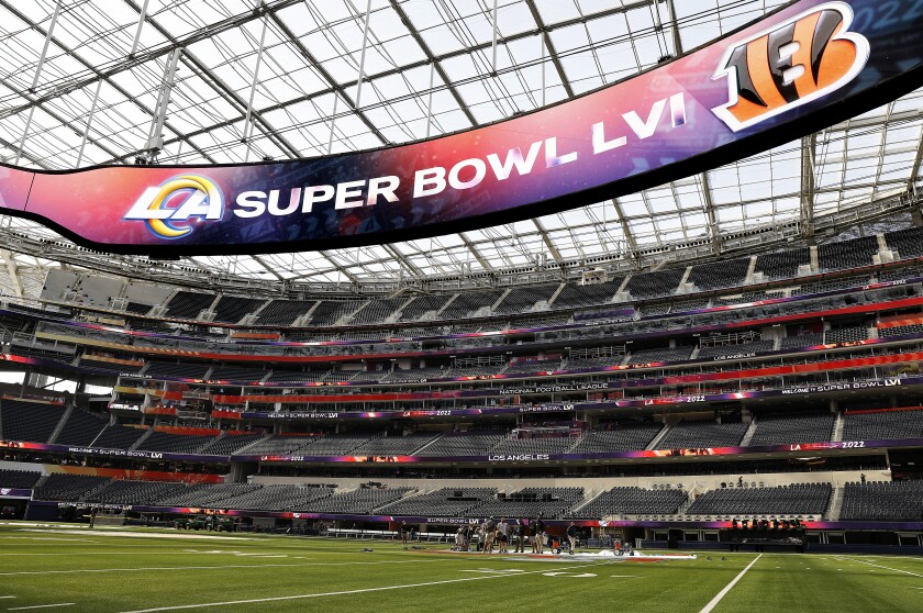 The field is prepped for Super Bowl LVI at Sofi Stadium.
