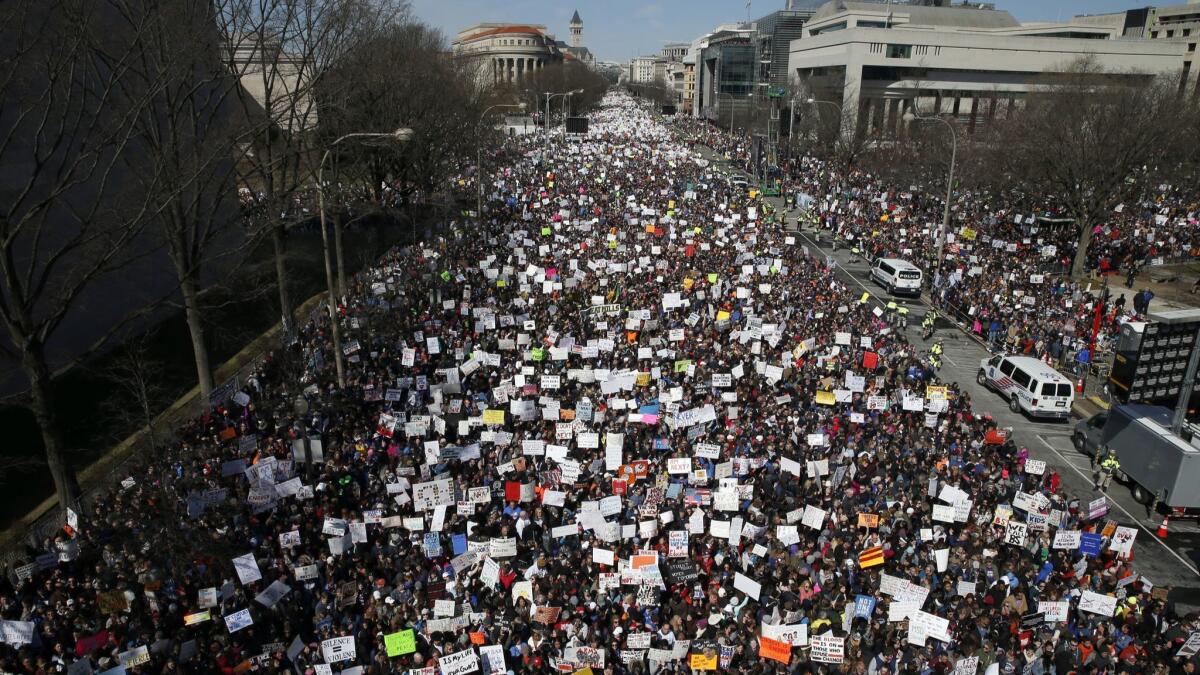 Looking west, people fill Pennsylvania Avenue during the "March for Our Lives" rally in support of gun control in Washington.