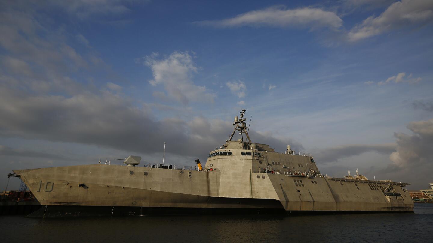 The USS Gabrielle Giffords, a Naval littoral combat ship built at the Austal USA shipyards, docked on the Mobile River in Mobile, Ala.